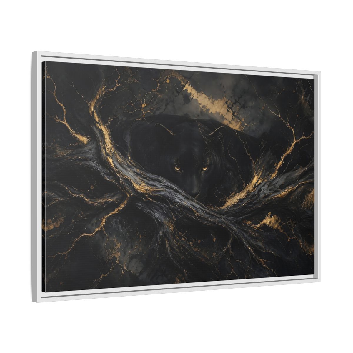 Side Mockup 9. Animals Black Panther Black And Gold shown as stretched canvas wall art