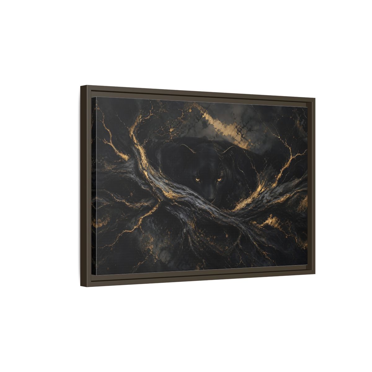 Side Mockup 2. Animals Black Panther Black And Gold shown as stretched canvas wall art