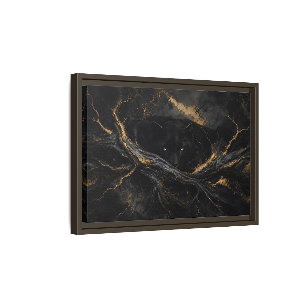 Side Mockup 5. Animals Black Panther Black And Gold shown as stretched canvas wall art
