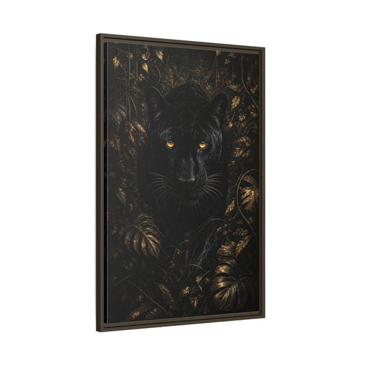 Main Mockup. Animals Black Panther Black And Gold shown as stretched canvas wall art