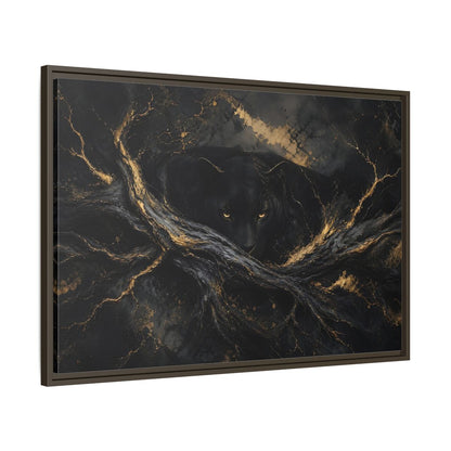 Main Mockup. Animals Black Panther Black And Gold shown as stretched canvas wall art