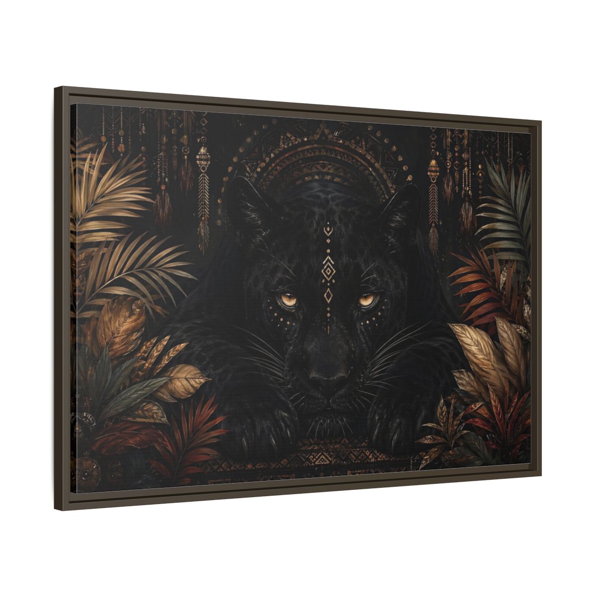 Main Mockup. Animals Black Panther Black And Gold shown as stretched canvas wall art