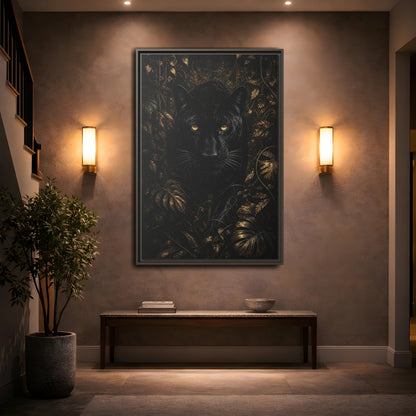 Mockup 2. Animals Black Panther Black And Gold shown as stretched canvas wall art