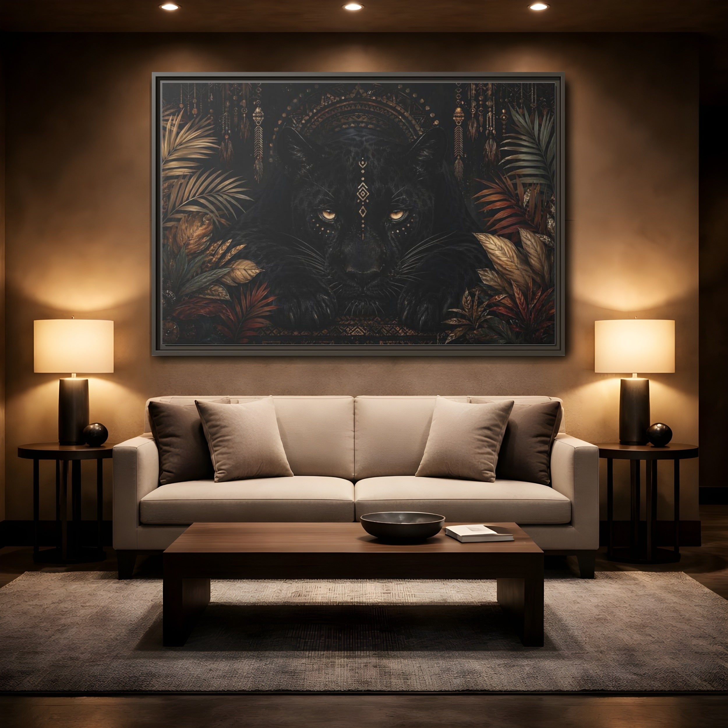 Mockup 2. Animals Black Panther Black And Gold shown as stretched canvas wall art
