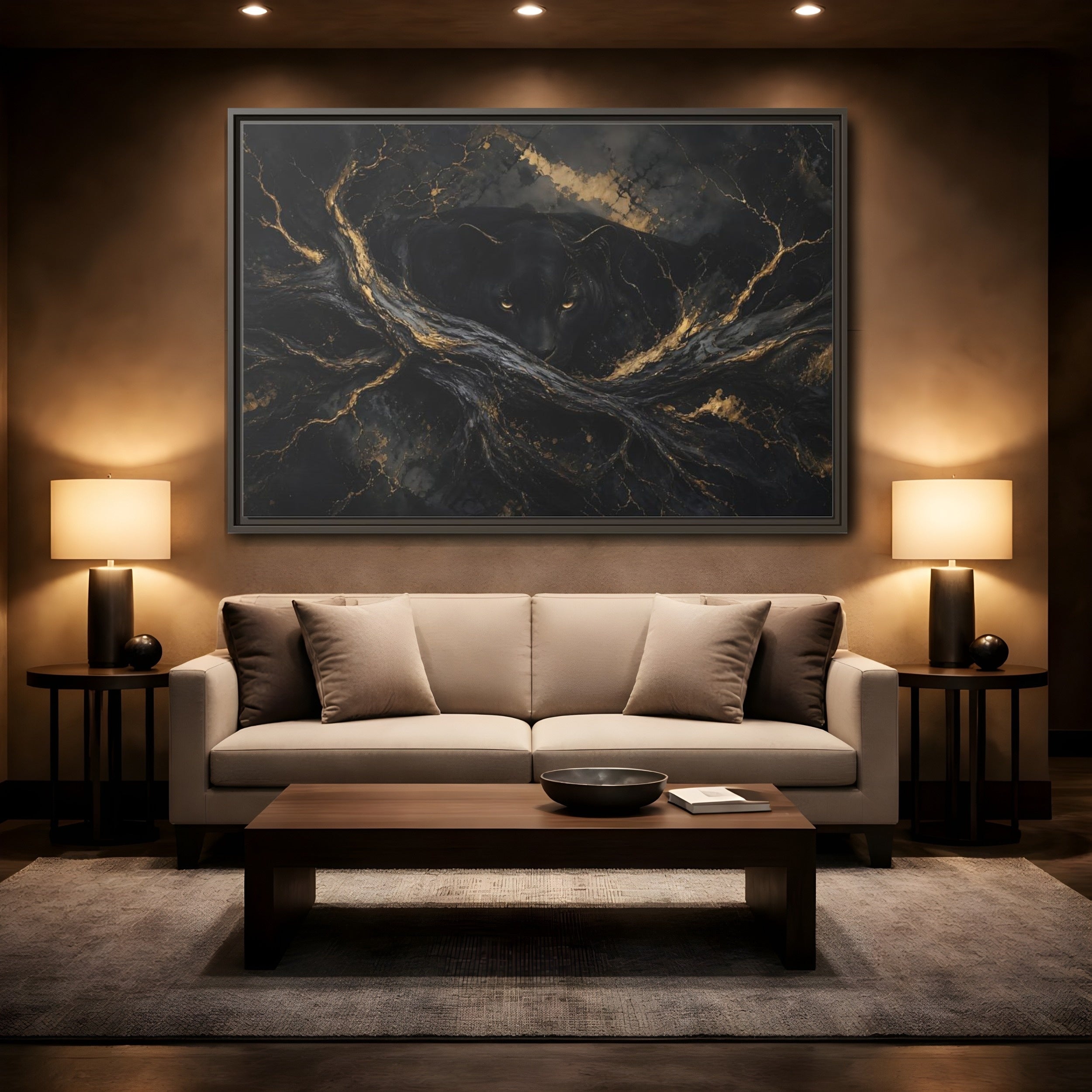 Mockup 2. Animals Black Panther Black And Gold shown as stretched canvas wall art