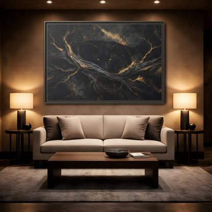 Mockup 2. Animals Black Panther Black And Gold shown as stretched canvas wall art