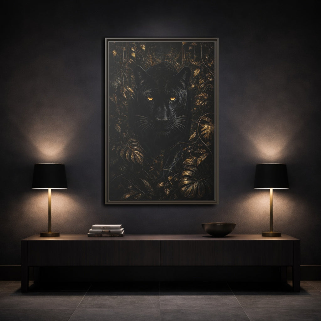 Mockup 3. Animals Black Panther Black And Gold shown as stretched canvas wall art