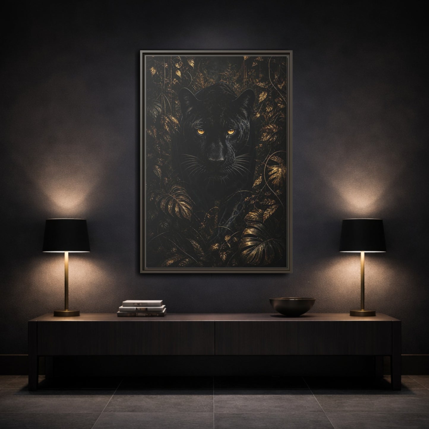 Mockup 3. Animals Black Panther Black And Gold shown as stretched canvas wall art