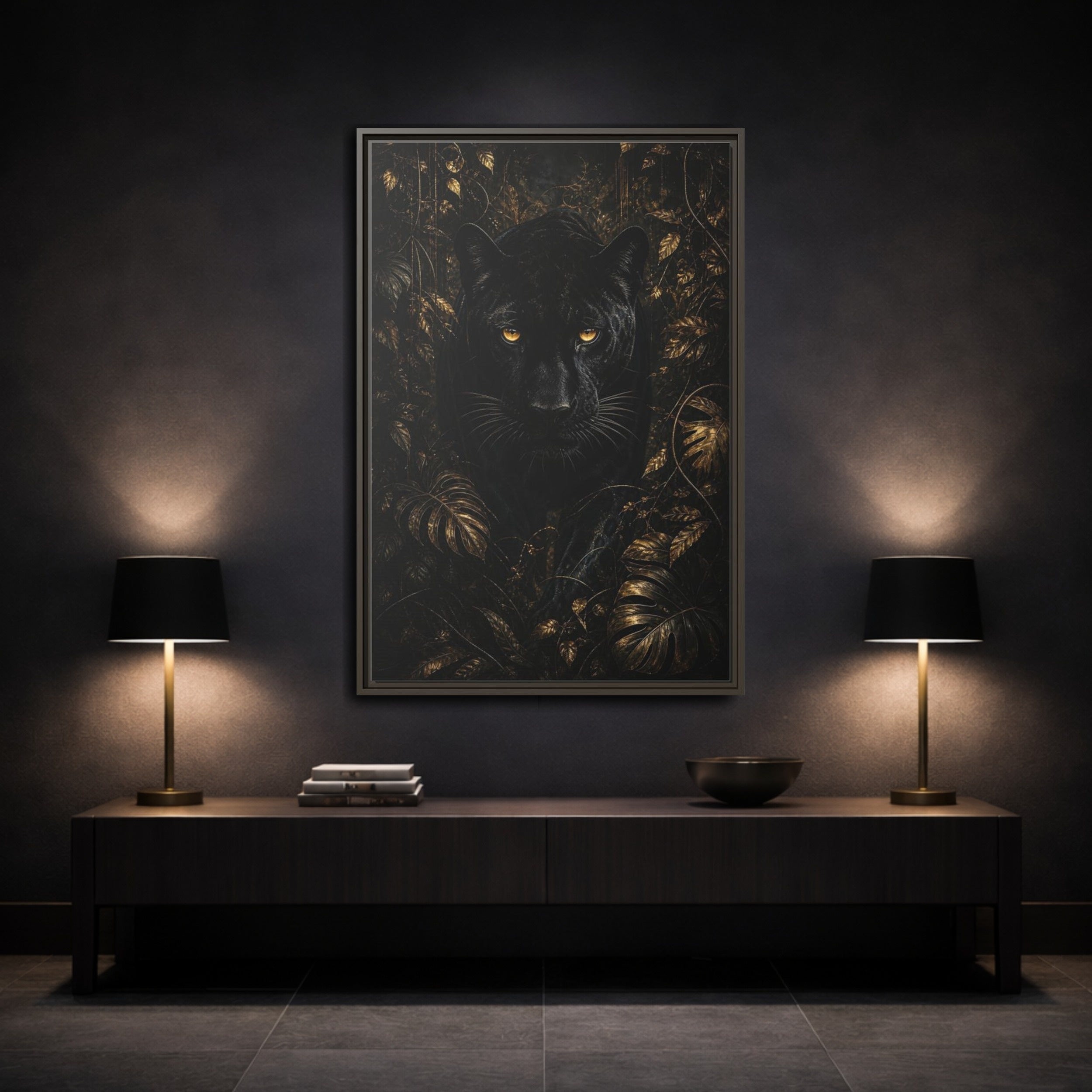 Mockup 3. Animals Black Panther Black And Gold shown as stretched canvas wall art