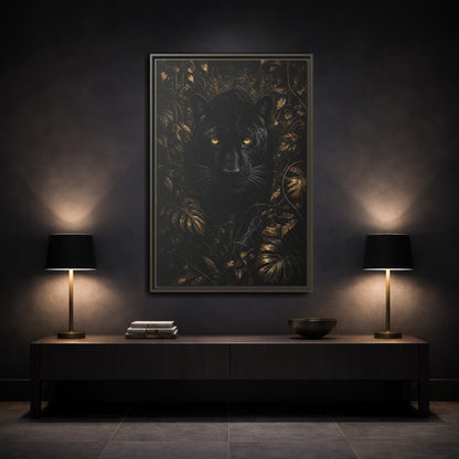Mockup 3. Animals Black Panther Black And Gold shown as stretched canvas wall art