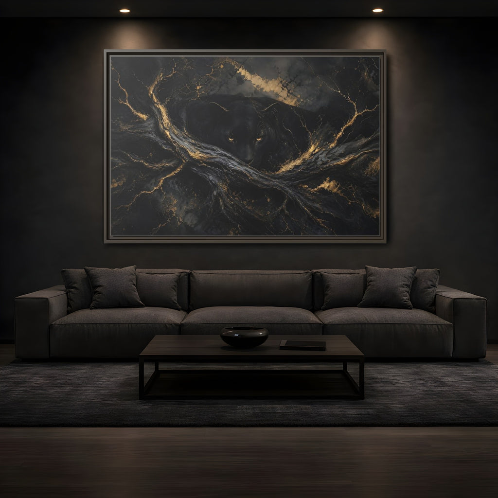Mockup 3. Animals Black Panther Black And Gold shown as stretched canvas wall art