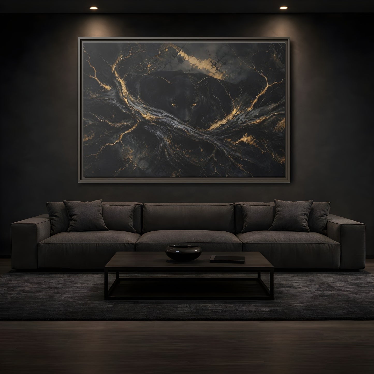 Mockup 3. Animals Black Panther Black And Gold shown as stretched canvas wall art