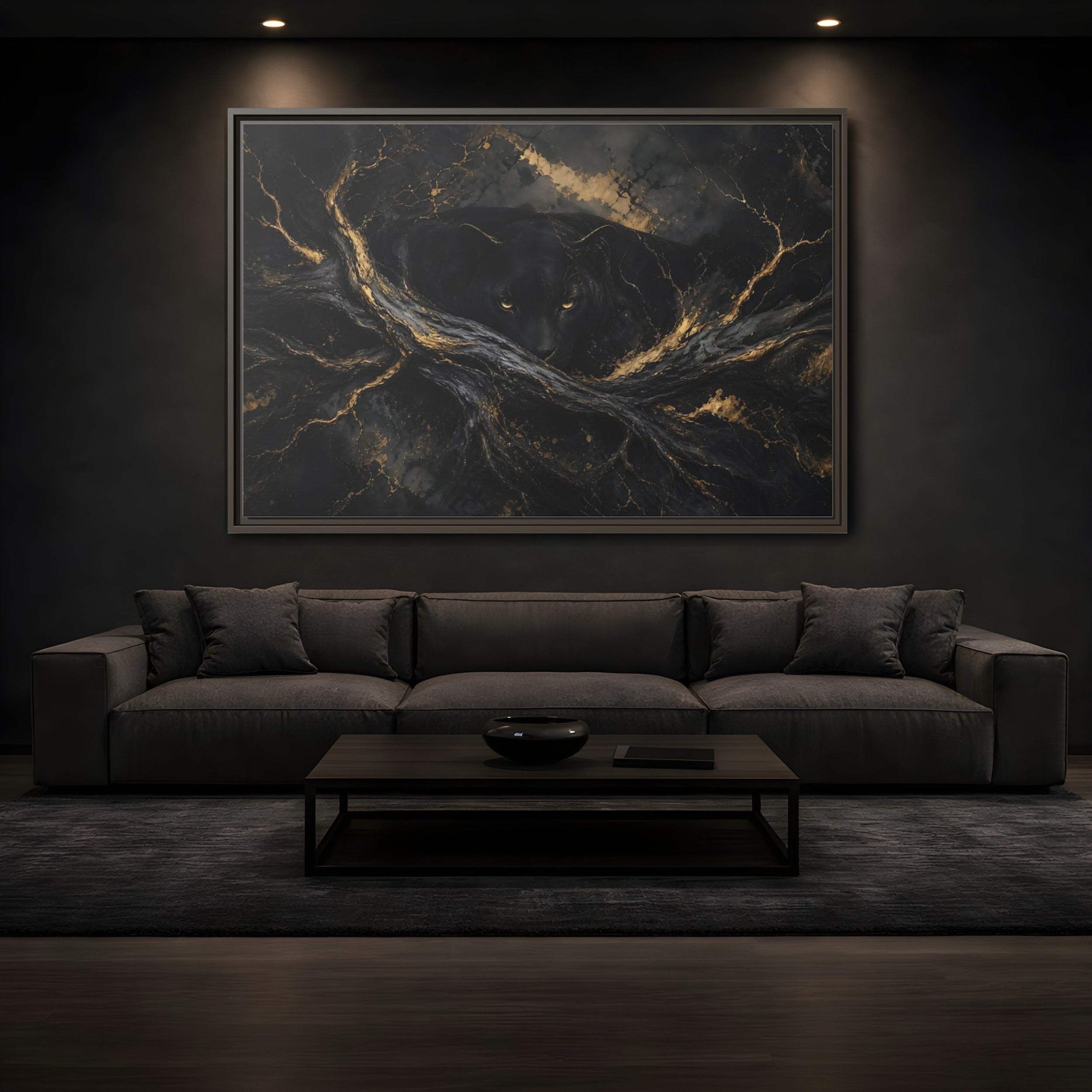 Mockup 3. Animals Black Panther Black And Gold shown as stretched canvas wall art
