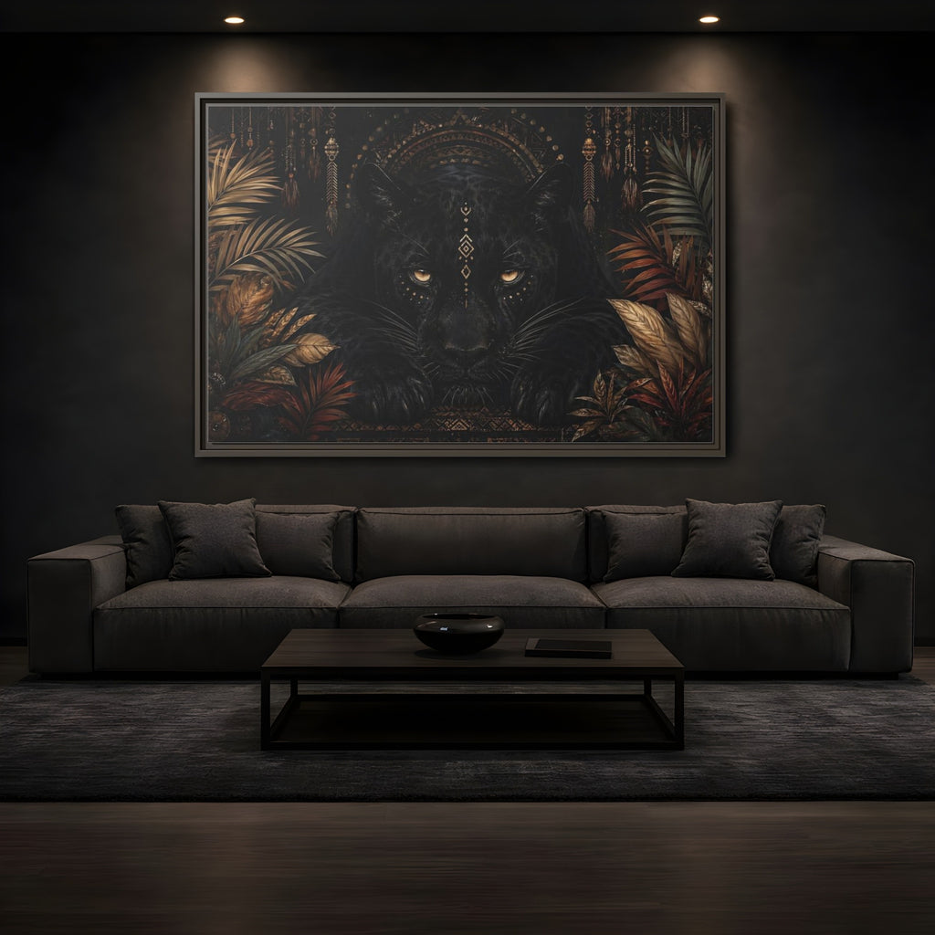 Mockup 3. Animals Black Panther Black And Gold shown as stretched canvas wall art