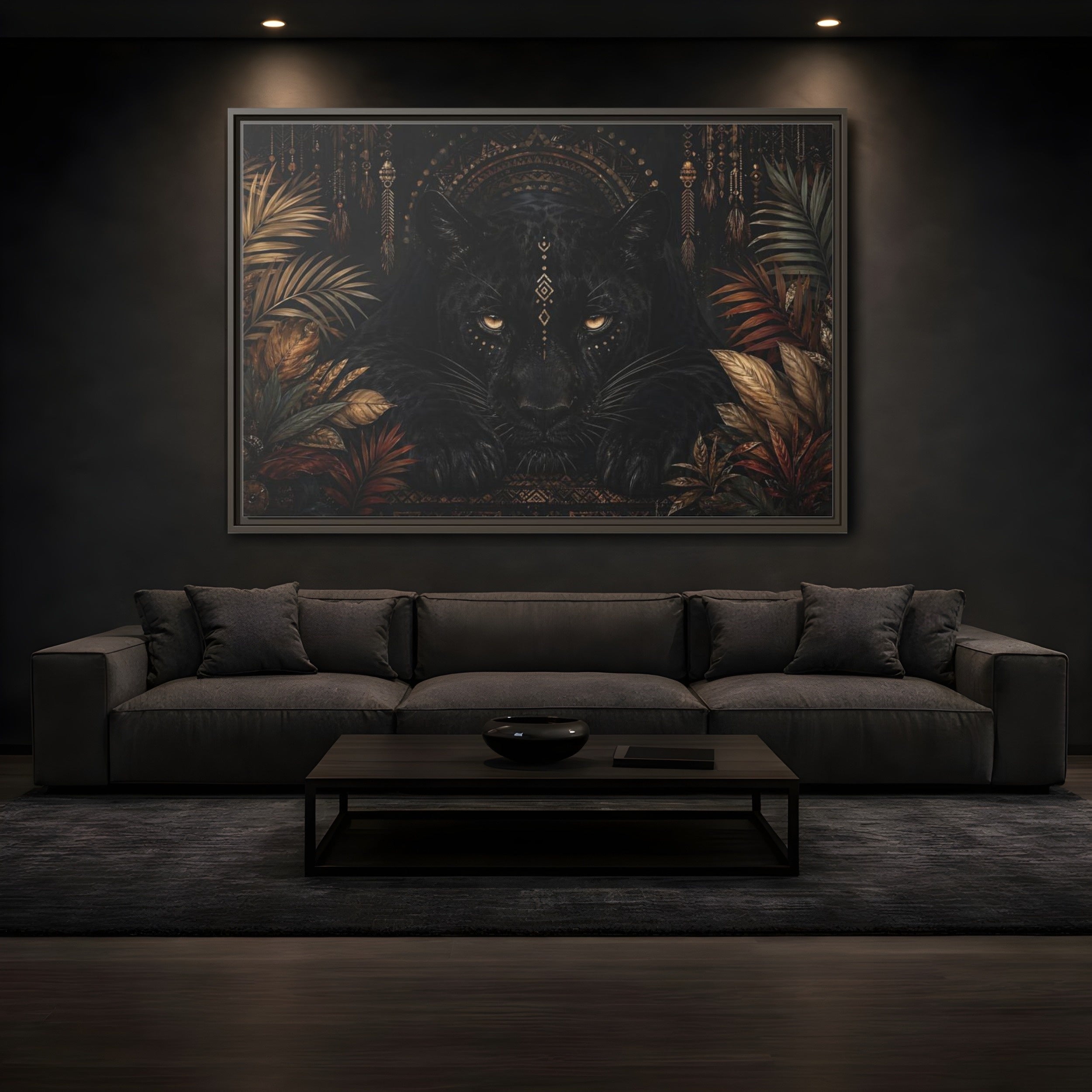 Mockup 3. Animals Black Panther Black And Gold shown as stretched canvas wall art