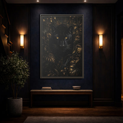 Mockup 4. Animals Black Panther Black And Gold shown as stretched canvas wall art