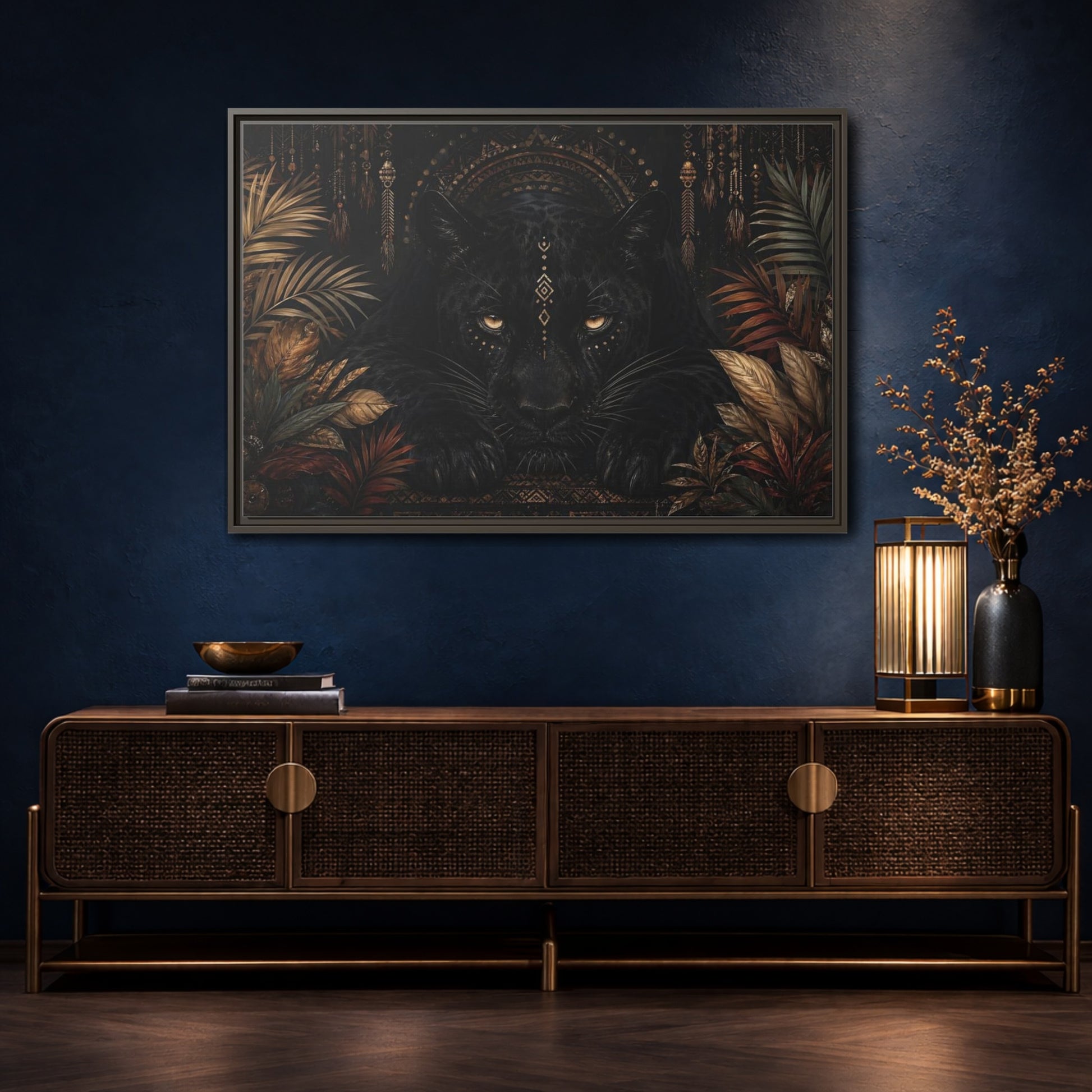 Mockup 4. Animals Black Panther Black And Gold shown as stretched canvas wall art