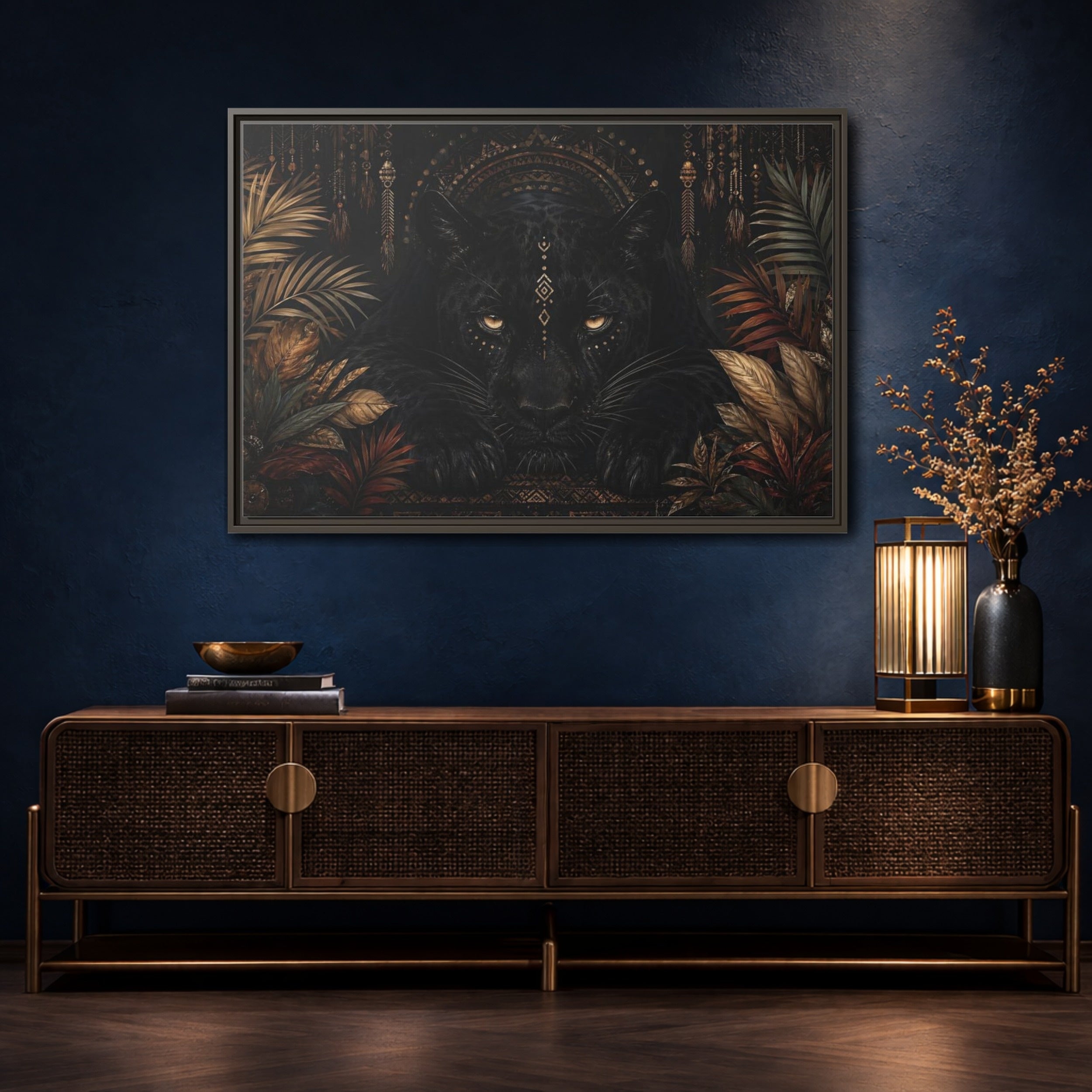 Mockup 4. Animals Black Panther Black And Gold shown as stretched canvas wall art