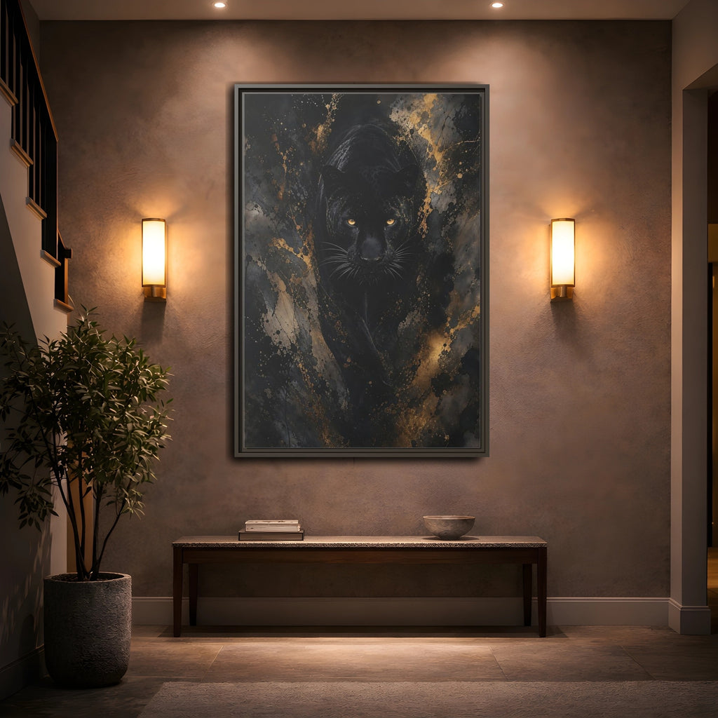 Mockup 2. Animals Black Panther Black Gold Panther shown as stretched canvas wall art
