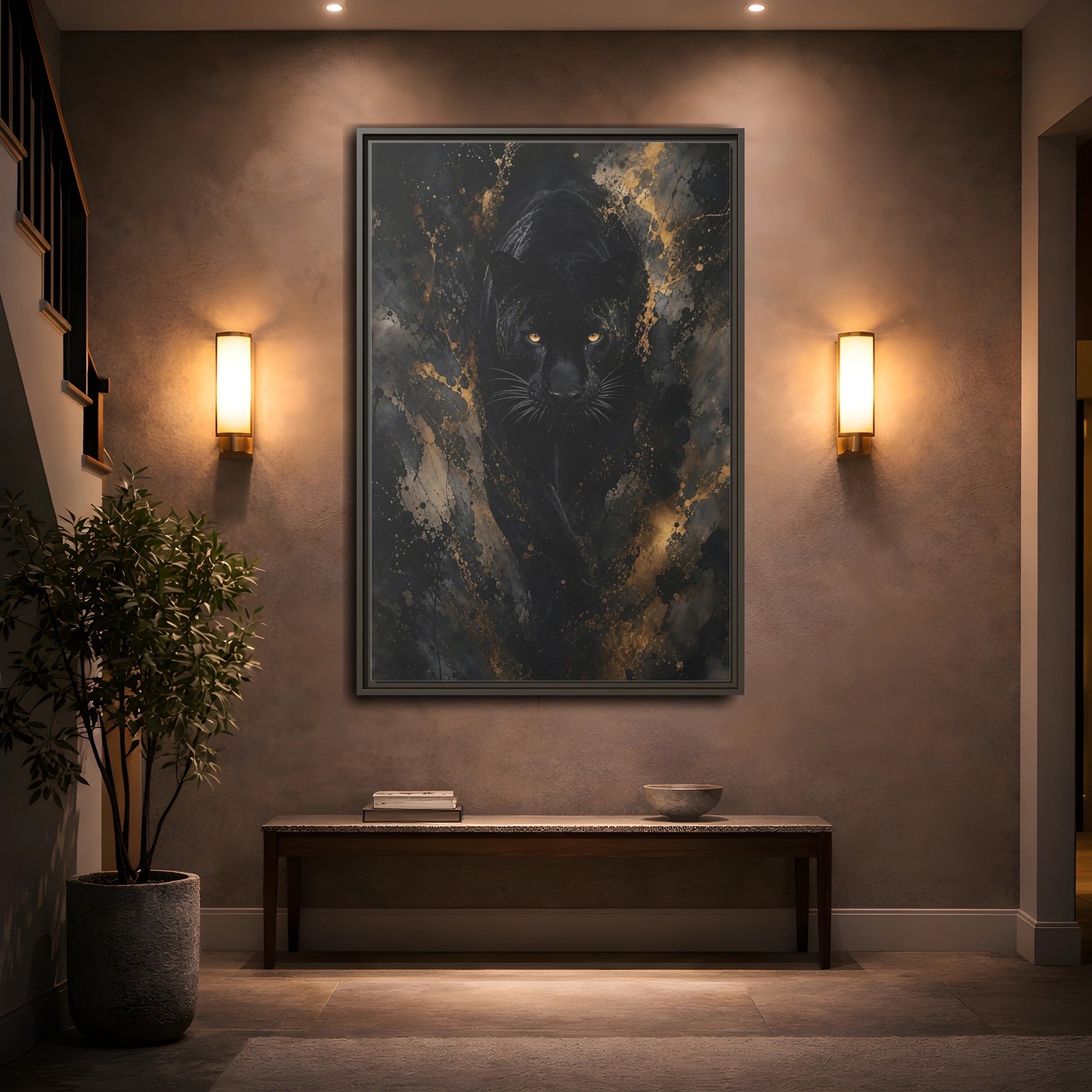 Animals Black Panther Gold Framed Canvas Wall Art - Modern Living Room Above Sofa shown as canvas wall art