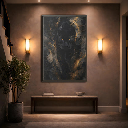 Animals Black Panther Gold Framed Canvas Wall Art - Modern Living Room Above Sofa shown as canvas wall art