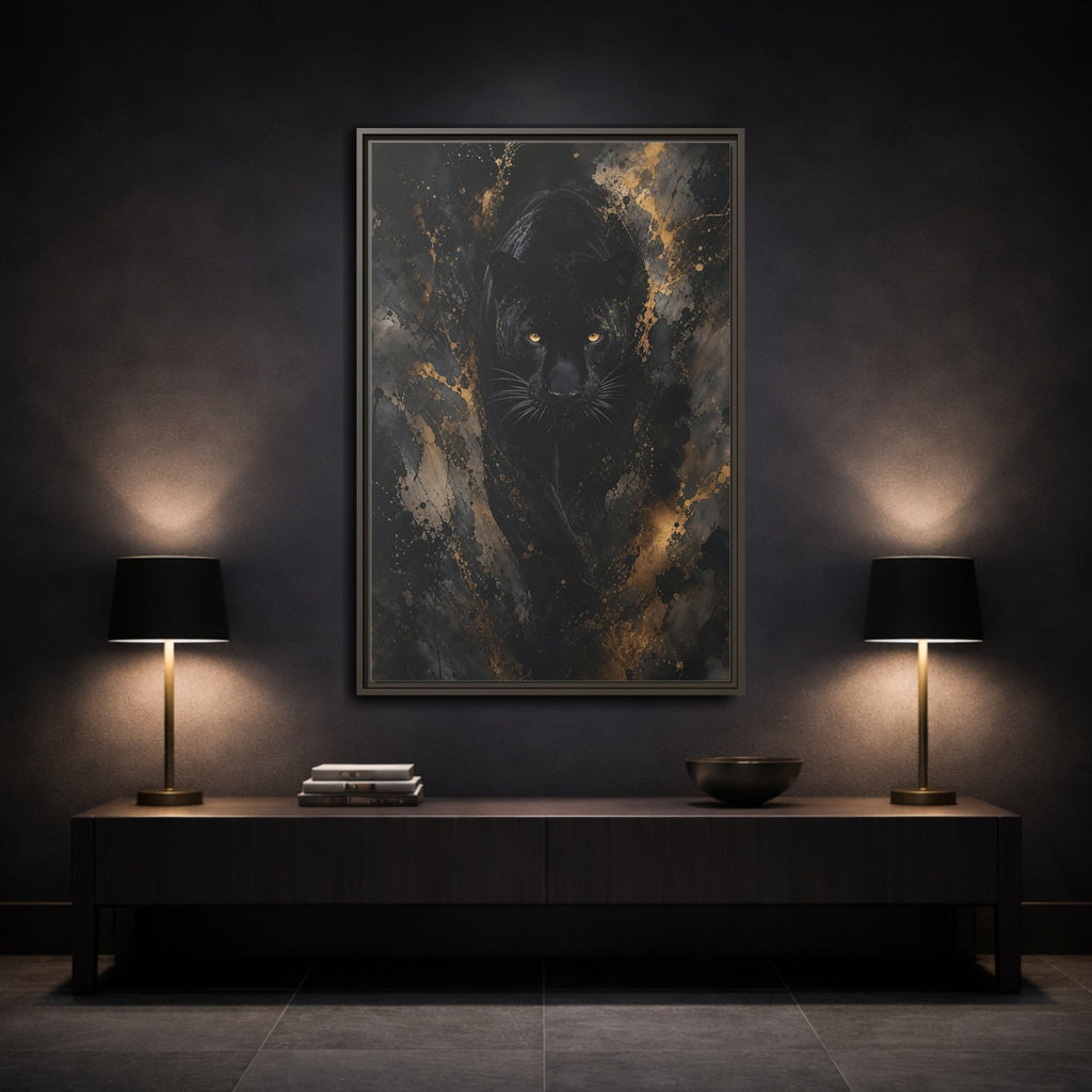 Mockup 3. Animals Black Panther Black Gold Panther shown as stretched canvas wall art