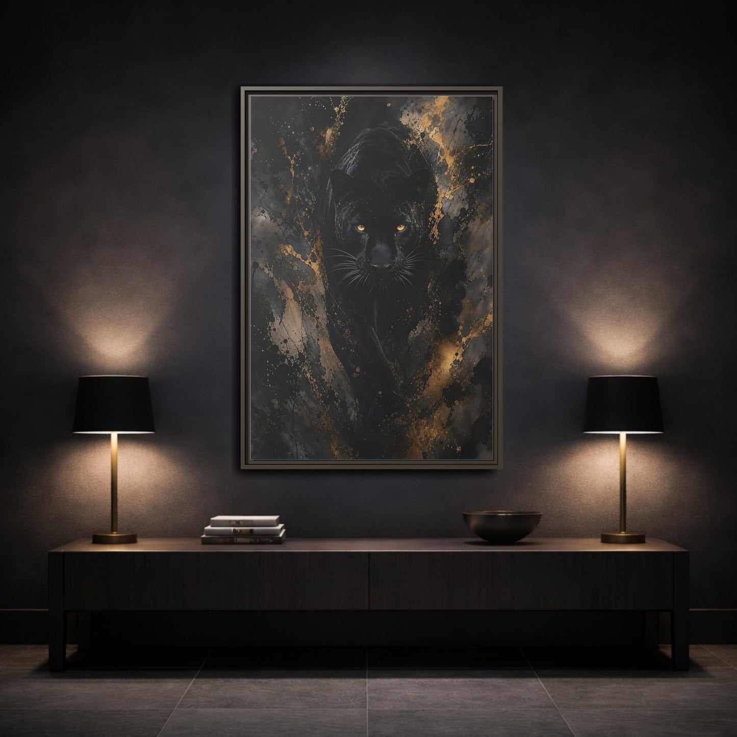 Animals Black Panther Gold Framed Canvas Wall Art - Modern Living Room Above Sofa shown as canvas wall art