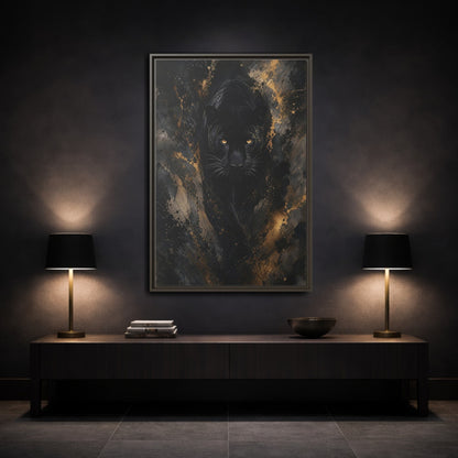 Animals Black Panther Gold Framed Canvas Wall Art - Modern Living Room Above Sofa shown as canvas wall art