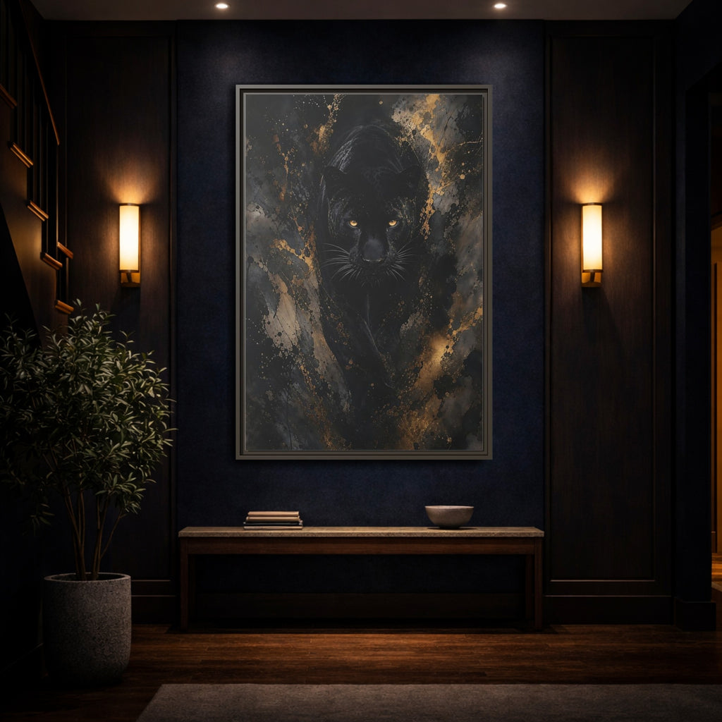 Mockup 4. Animals Black Panther Black Gold Panther shown as stretched canvas wall art