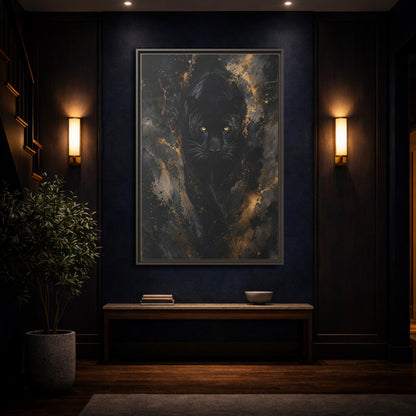 Animals Black Panther Gold Framed Canvas Wall Art - Modern Living Room Above Sofa shown as canvas wall art