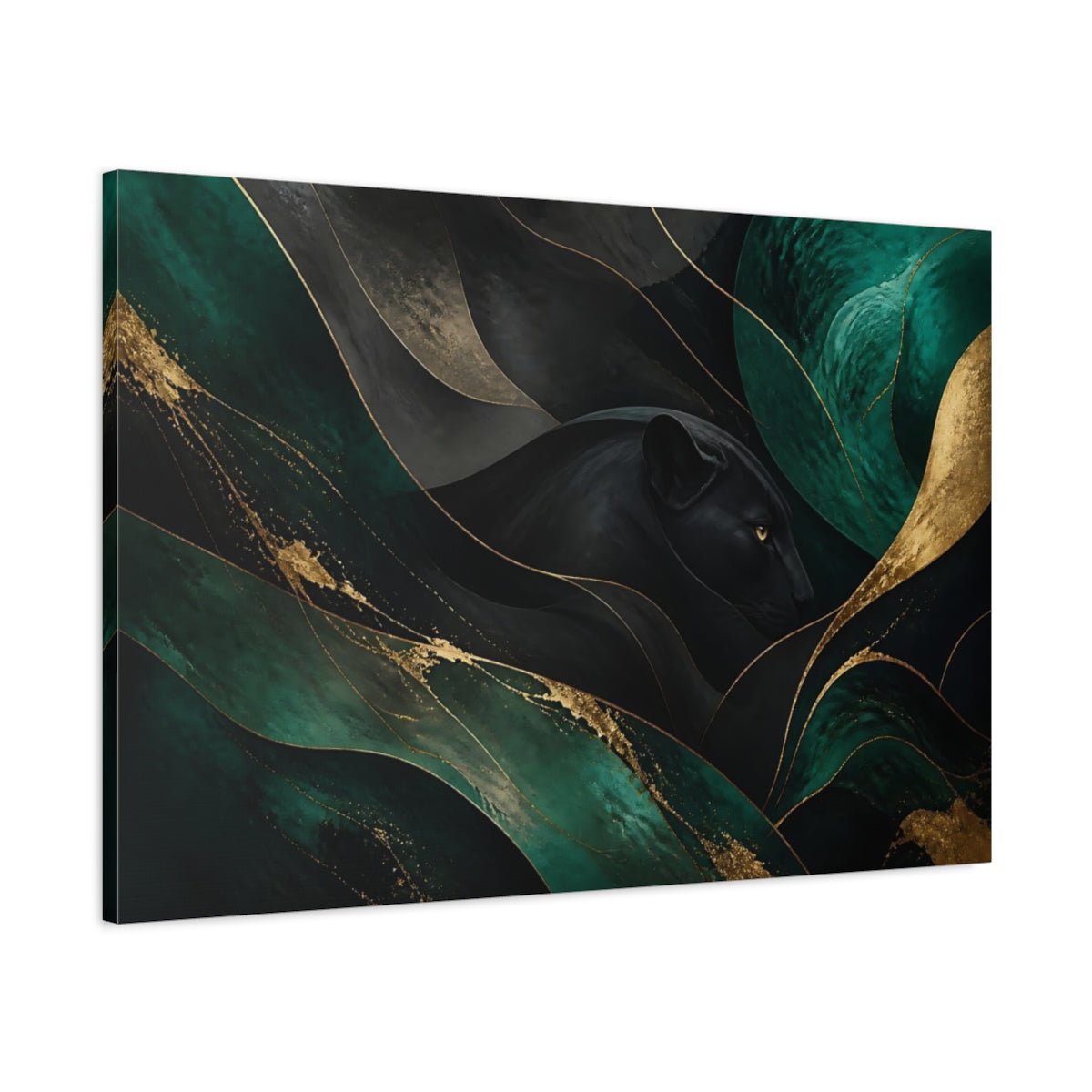 Main Mockup. Animals Black Panther Black Green Gold shown as stretched canvas wall art