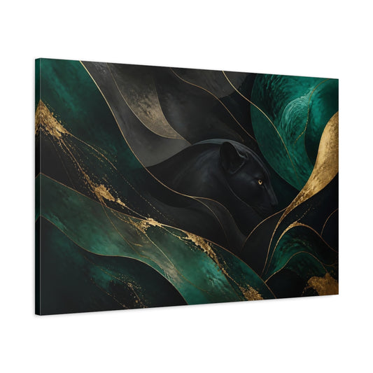 Main Mockup. Animals Black Panther Black Green Gold shown as stretched canvas wall art