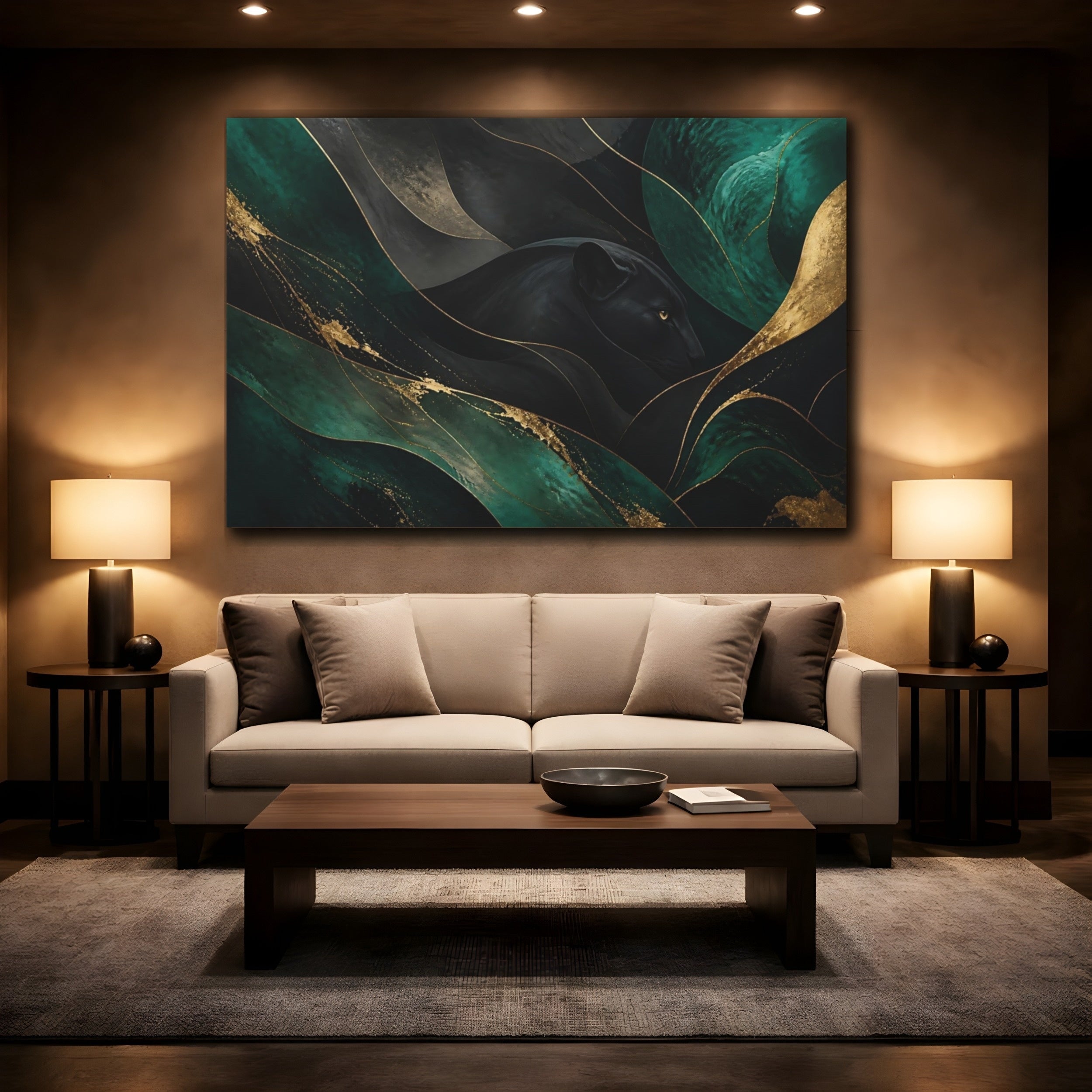 Mockup 2. Animals Black Panther Black Green Gold shown as stretched canvas wall art