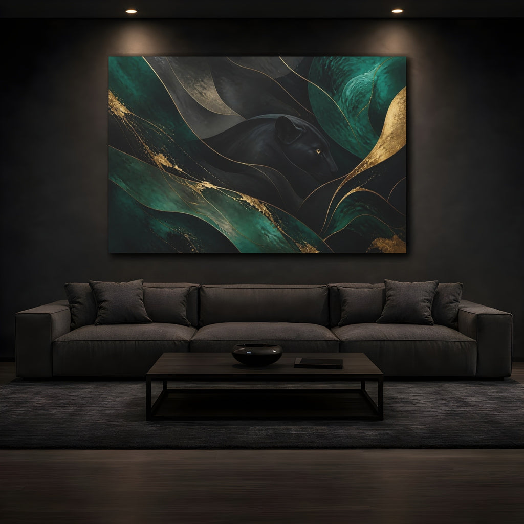 Mockup 3. Animals Black Panther Black Green Gold shown as stretched canvas wall art