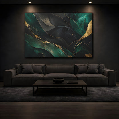 Mockup 3. Animals Black Panther Black Green Gold shown as stretched canvas wall art