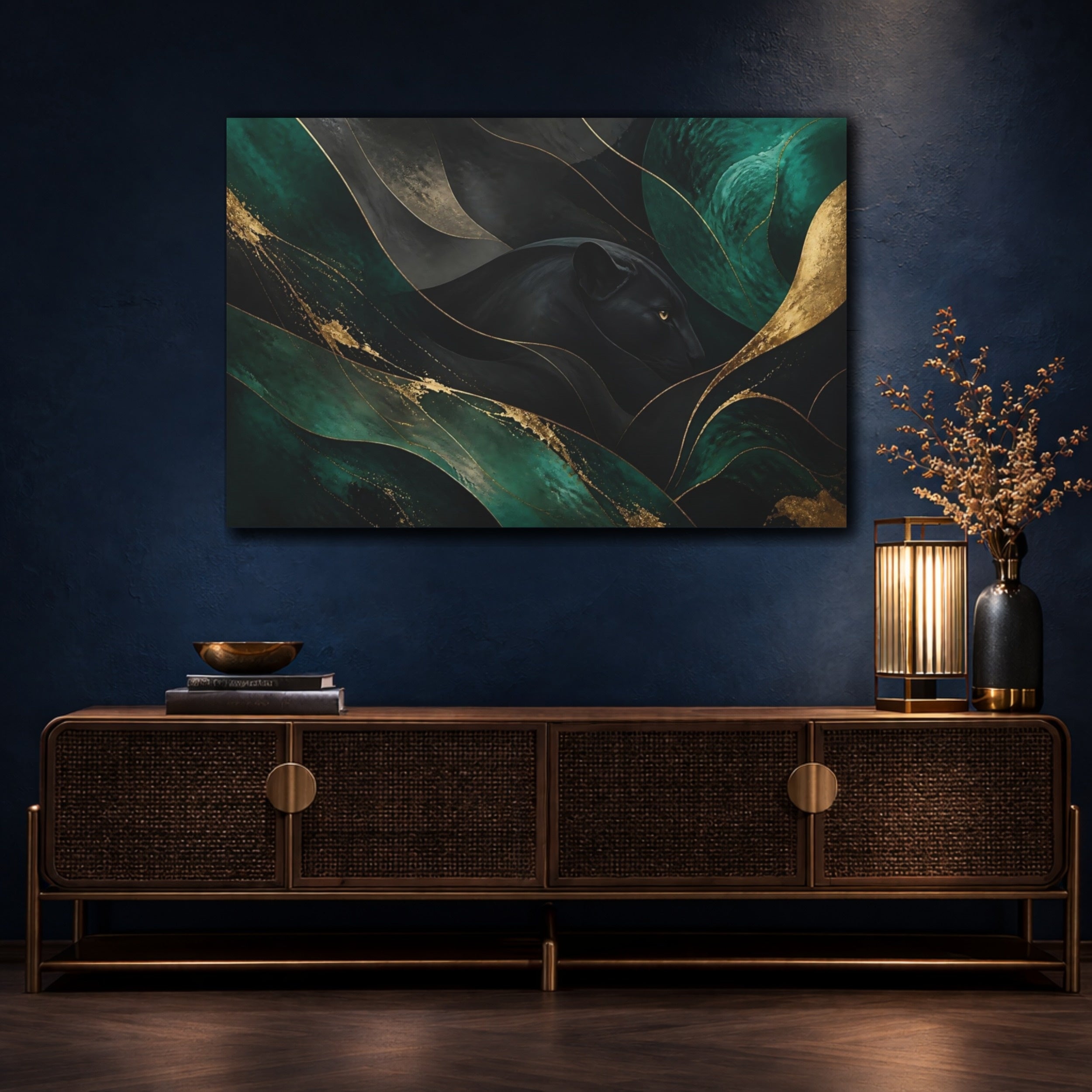 Mockup 4. Animals Black Panther Black Green Gold shown as stretched canvas wall art