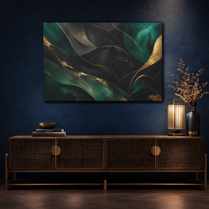 Mockup 4. Animals Black Panther Black Green Gold shown as stretched canvas wall art