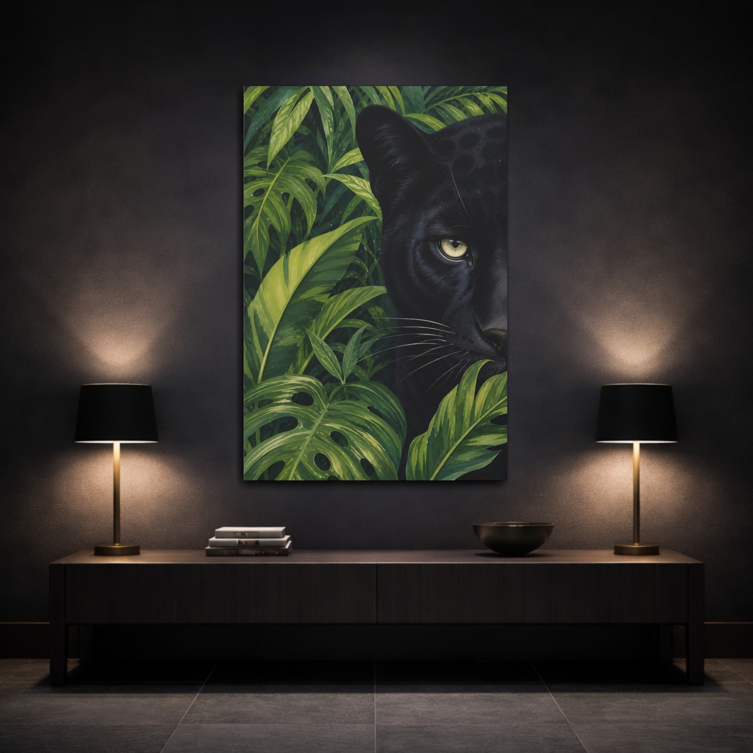 Mockup 3. Animals Black Panther Black Panther Green shown as stretched canvas wall art