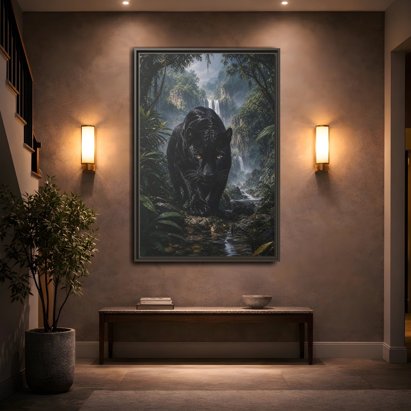 Animals Black Panther Jungle Framed Canvas Wall Art - Realistic Living Room shown as canvas wall art
