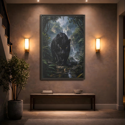 Animals Black Panther Jungle Framed Canvas Wall Art - Realistic Living Room shown as canvas wall art