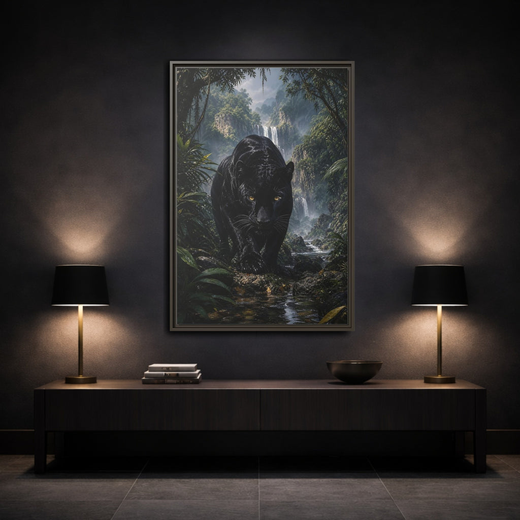Mockup 3. Animals Black Panther Black Panther Jungle shown as stretched canvas wall art