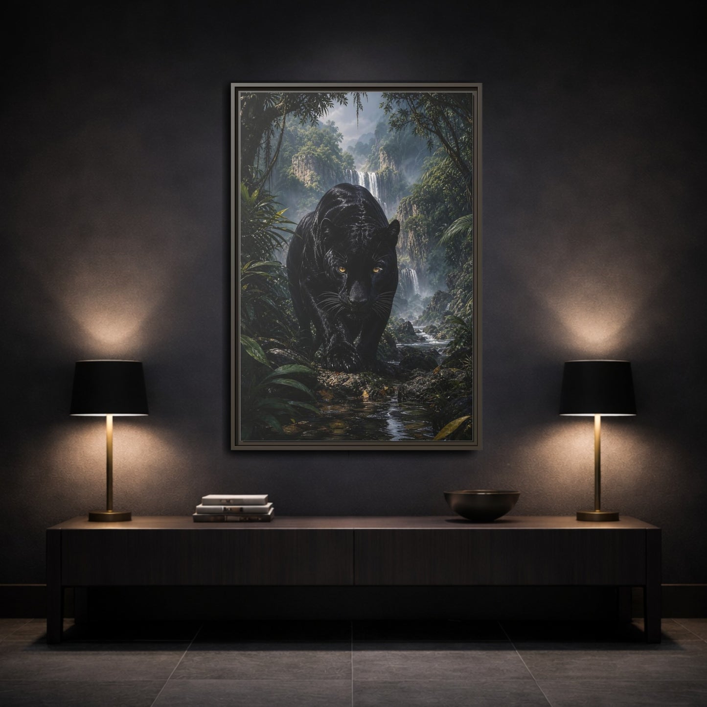 Animals Black Panther Jungle Framed Canvas Wall Art - Realistic Living Room shown as canvas wall art