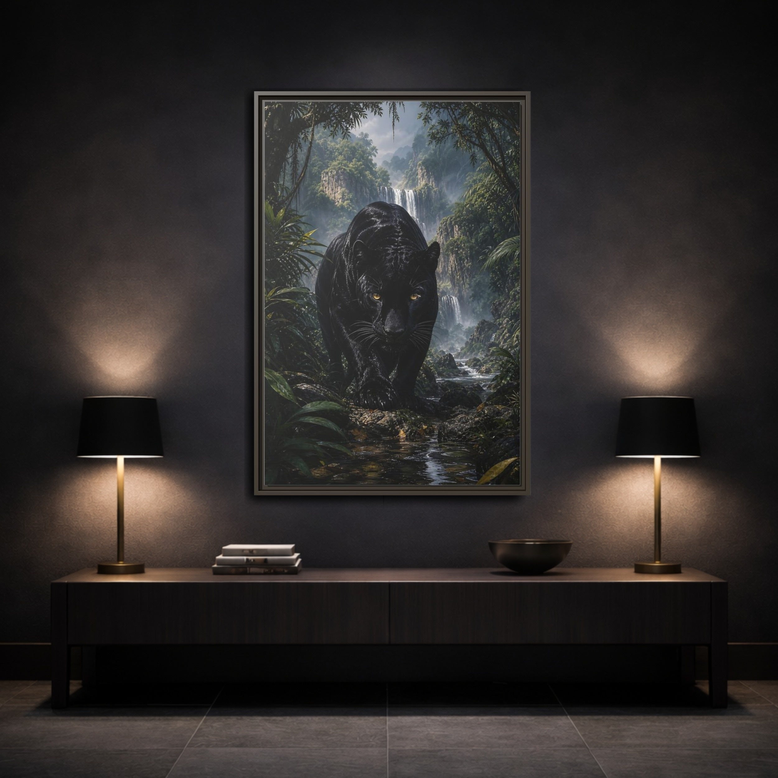 Mockup 3. Animals Black Panther Black Panther Jungle shown as stretched canvas wall art