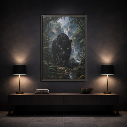Animals Black Panther Jungle Framed Canvas Wall Art - Realistic Living Room shown as canvas wall art