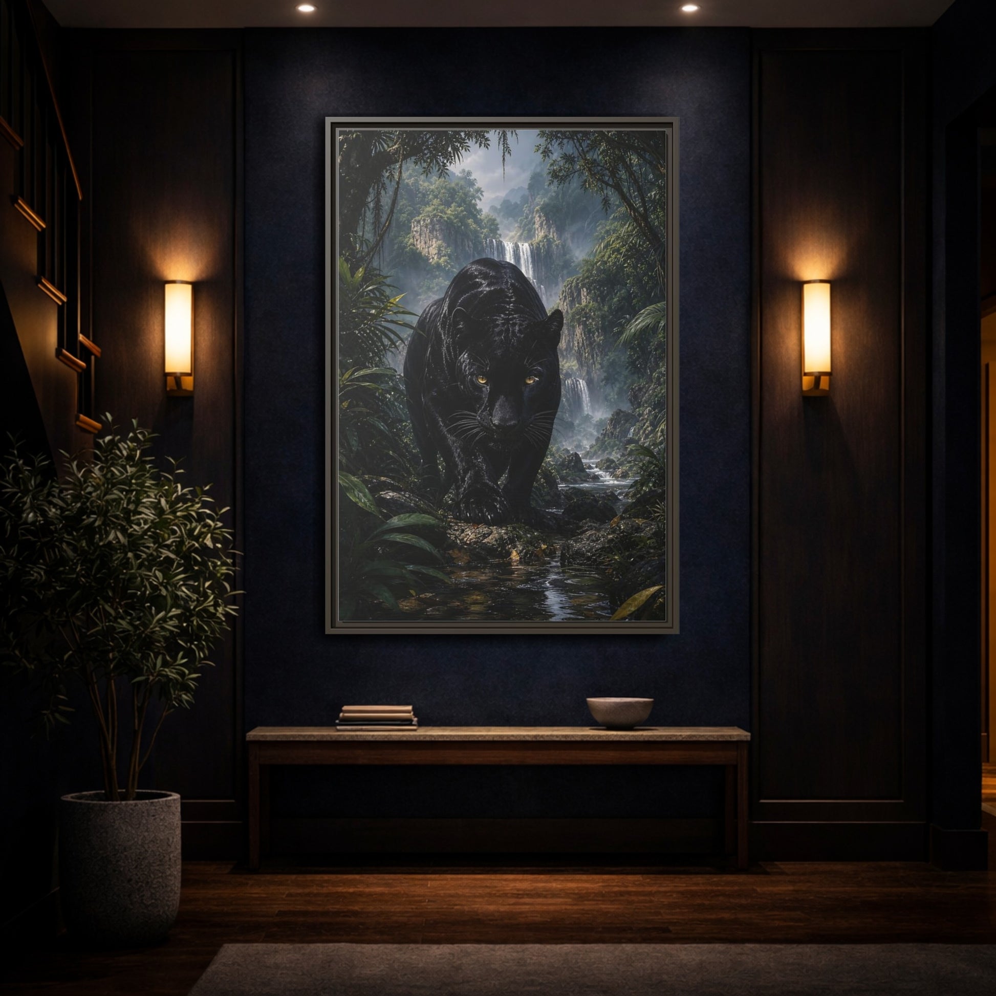 Animals Black Panther Jungle Framed Canvas Wall Art - Realistic Living Room shown as canvas wall art