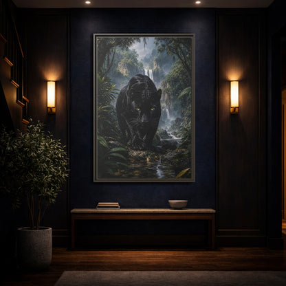 Animals Black Panther Jungle Framed Canvas Wall Art - Realistic Living Room shown as canvas wall art