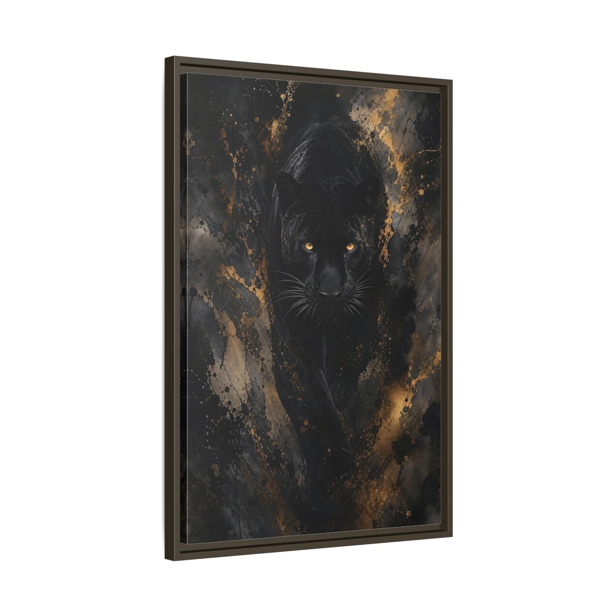 Side Mockup 11. Animals Black Panther Black Gold Panther shown as stretched canvas wall art
