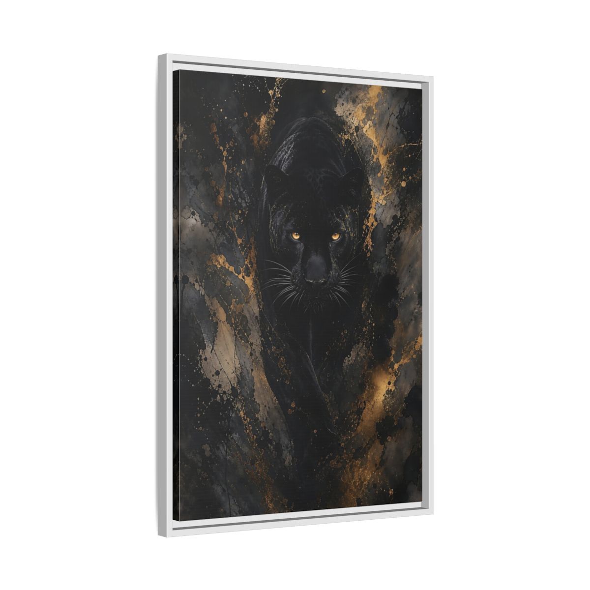 Side Mockup 10. Animals Black Panther Black Gold Panther shown as stretched canvas wall art