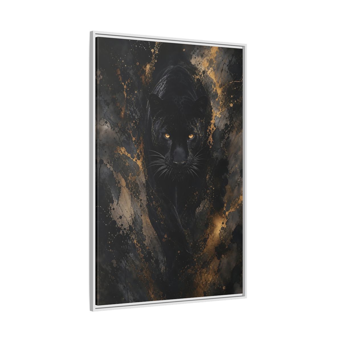 Side Mockup 7. Animals Black Panther Black Gold Panther shown as stretched canvas wall art