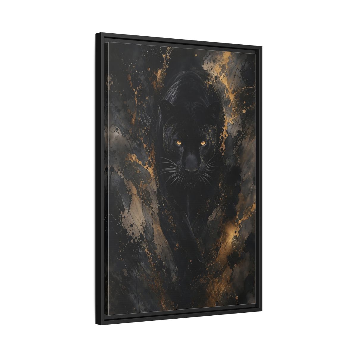 Side Mockup 14. Animals Black Panther Black Gold Panther shown as stretched canvas wall art